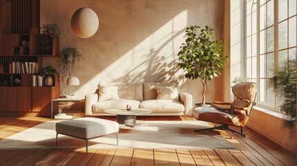 Interior of spacious minimalist living room in a modern luxury apartment. Grey wall, hardwood floor, beige upholstered furniture, coffee table, indoor plants, large panoramic window. 3D rendering.