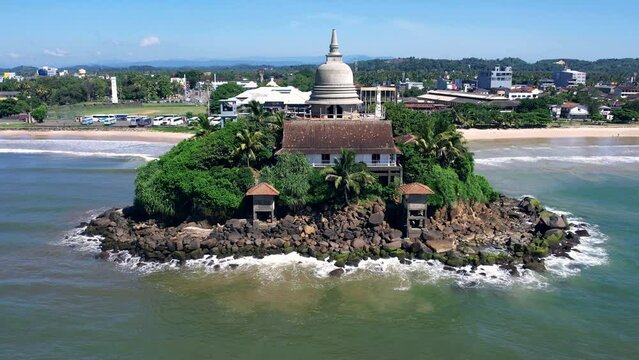 Golden Island on the coast of Sri Lanka in Matara. Top view, aerial video filming.