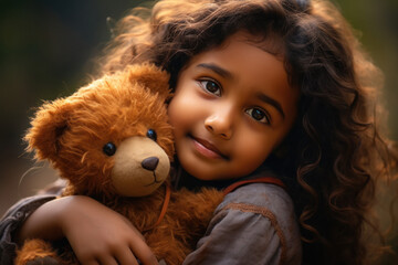 Cute Indian girl hugging teddy bear and smiling