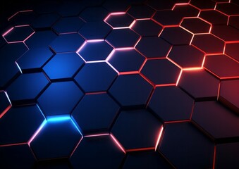 Abstract futuristic tech surface blue red neon light hexagon pattern background with light rays