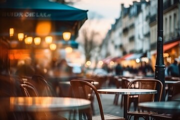 Unfocused cafes, buildings and people. Natural bokeh of city centre view, blurred out of focus background. - obrazy, fototapety, plakaty