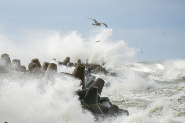 High white splashes from waves crashing against the harbor's concrete breakwater in a storm