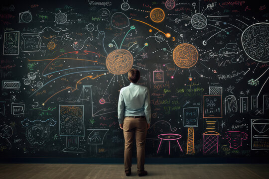 Confident indian college boy standing on black board background at classroom