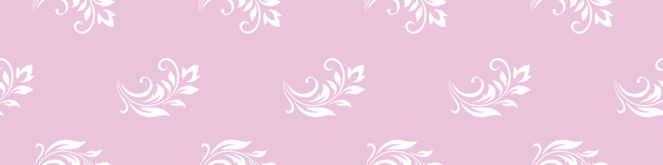 Fototapeta na wymiar Vintage seamless plant delicate pattern of stylized stems, leaves, flowers and curls on pink background. Retro style. Vector backdrop, texture for victorian wallpapers, wrapping paper, fabric