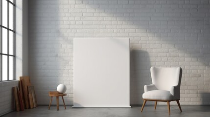 White canvas for mockup with blurred brick wall room interior Created with generative Ai	