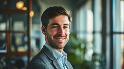 Fototapeta premium Balanced and cheerful young businessman standing in his office. Successful company manager. A charismatic and self-confident young professional is smiling