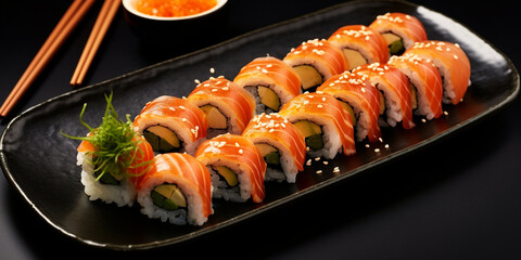 A delicious sushi plate of fresh seafood including salmon, tuna and shrimp, showcasing Japanese culinary excellence