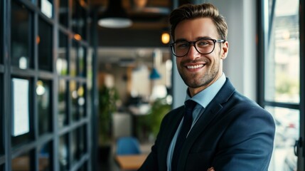 Balanced and cheerful young businessman standing in his office. Successful company manager. A charismatic and self-confident young professional is smiling
