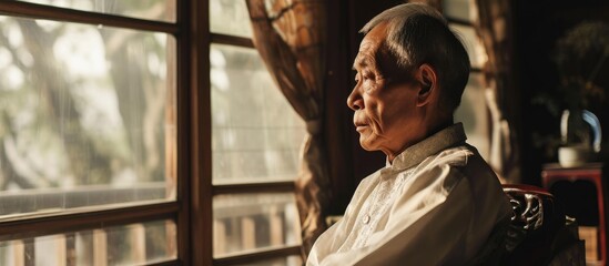 Relaxed elderly Asian man in room.