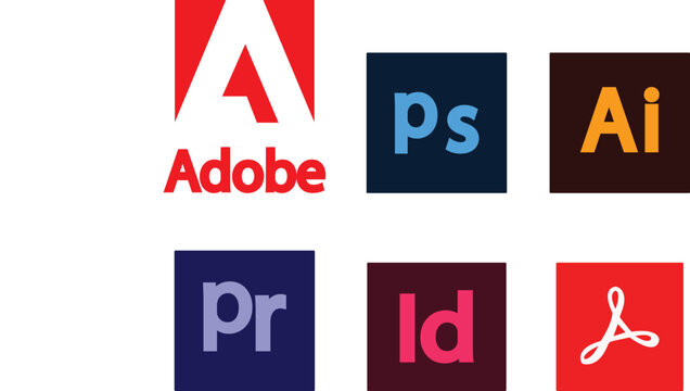 Adobe logo icon set vector, including PS, Pr ,Ai, id, collection of different Popular adobe creative cloud icon, isolated on transparent background, creative acrobat,