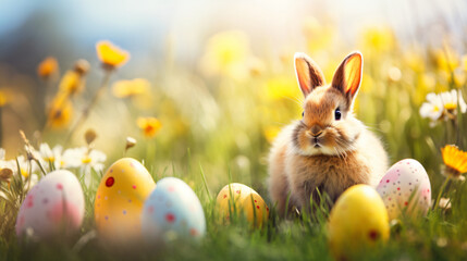Fototapeta na wymiar A vibrant Easter scene with decorated eggs and a fluffy bunny in a grassy meadow.