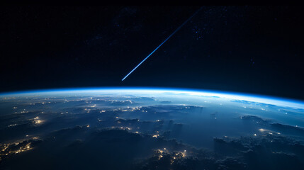 A view of the Earths limb with the thin blue line of the atmosphere from the International Space Station.