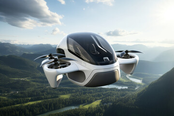 Futuristic white passenger drone flying over the picturesque lake, forest and mountains. Electric Vertical Take Off and Landing E-VTOL Aircraft used as ecological tourist transportation. - obrazy, fototapety, plakaty