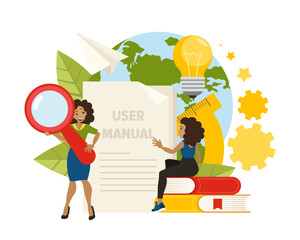 User manual. Frequently asked questions and information for customers. User manual, reference manual, user manual. Cartoon flat vector illustration