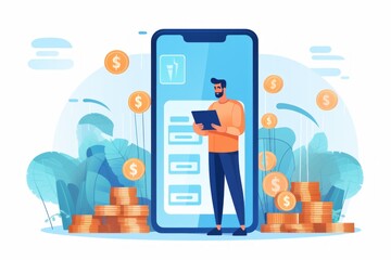 Obraz premium Drawn image of a happy man with tablet standing in front of a huge smartphone model and stacks of US dollar coins. Online shopping, modern lifestyle concept.