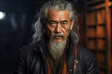 Obraz premium Portrait of a serious senior Asian man with long gray hair looking at the camera