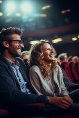 .Engaged couple, man with beard sitting near attractive woman having fun, sitting at the cinema, watching a movie and eating popcorn. Friendship, entertainment concept.