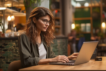 Young woman with glasses works concentrated with laptop while sitting at cafe indoors