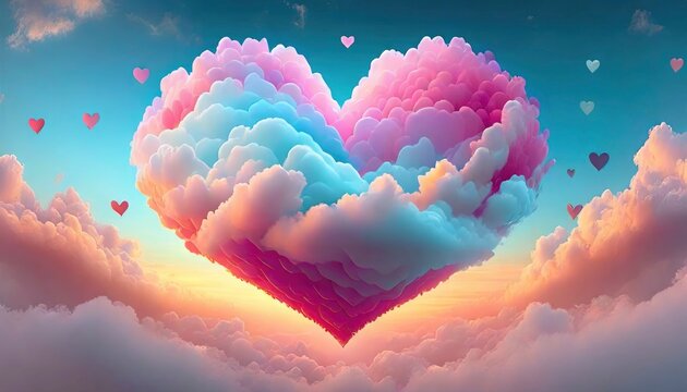 Colorful Valentine's Day. A Beautiful Heart Floating Among the Clouds, Creating a Dreamy and Abstract Background for the Celebration of Love.