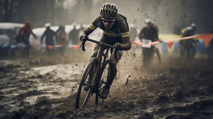 A thrilling cyclocross race with cyclists navigating muddy and challenging obstacles. - obrazy, fototapety, plakaty