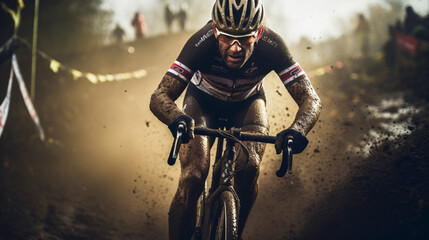 A thrilling cyclocross race with cyclists navigating muddy and challenging obstacles. - obrazy, fototapety, plakaty