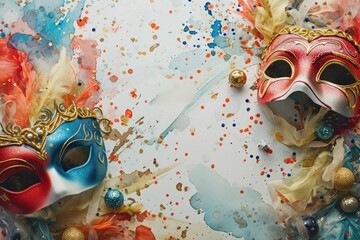 Festive background with elements of the holiday, masks, confetti, serpentine and bows framed around the edge of the picture, in the middle of the image there is an empty space for text - Powered by Adobe