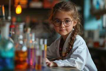 A little girl in a white coat and glasses in the laboratory holds test tubes with multi-colored liquid in her hands, steam comes from the test tube