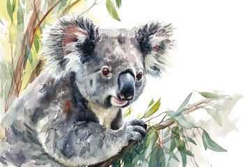 Fototapeta premium Captivating watercolor drawing of a koala gracing a double exposure portrait on a pristine white background, seamlessly blending with a mysterious 