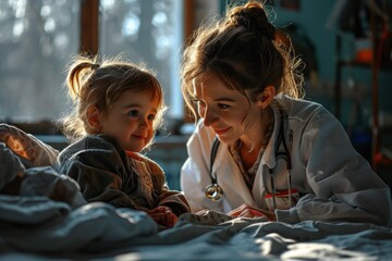 Young pediatrician examines little girl in hospital room on bed, medicine, healthcare, pediatrics, children's health