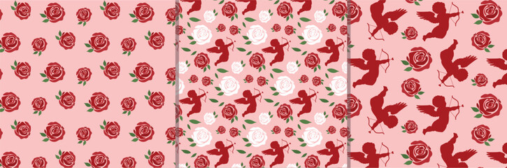 set of vector st valentines day seamless patterns with roses and cupids. collection of repetitive valentine romantic backgrounds. floral love pink and red patterns