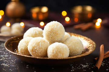 Indian sweets ball called laddoo for diwali festival made from semolina - obrazy, fototapety, plakaty