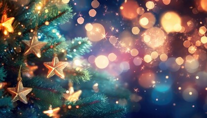 A Christmas Tree Adorned with Glittering Lights and Stars, Creating an Abstract Defocused Background with Sparkling Bokeh, Evoking the Magic of the Holiday Season.