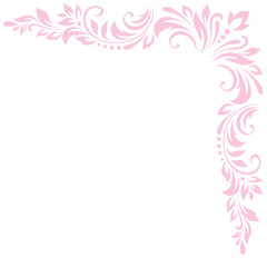 Fototapeta na wymiar Abstract delicate pattern, decorative element, clip art with stylized leaves, flowers and curls in pink lines on white background. Corner vintage ornament, border, frame