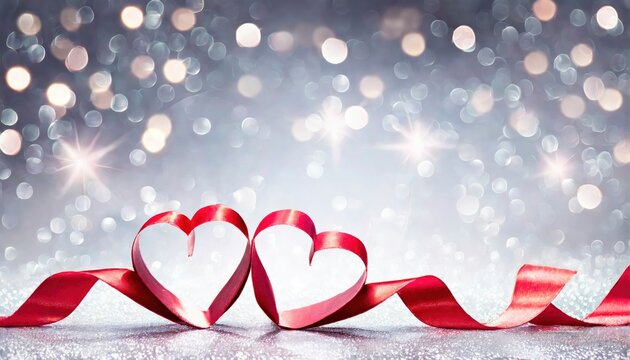 A Valentine's Day card featuring red ribbon-shaped hearts on a silver shiny background with lights, creating a festive and romantic atmosphere.