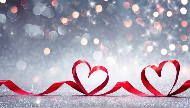 A Valentine's Day card featuring red ribbon-shaped hearts on a silver shiny background with lights, creating a festive and romantic atmosphere.