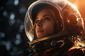 Astronaut woman with helmet looking up