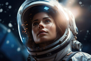 Astronaut woman with helmet looking up