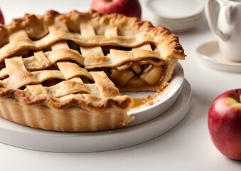 Composition with delicious apple pie on light background
