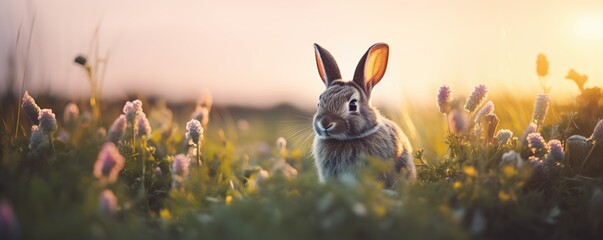  rabbits in the meadow in the afternoon - obrazy, fototapety, plakaty