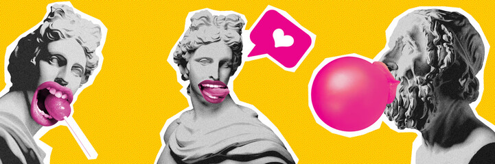 Antique statue busts over bright yellow background. Social media, influencer. Contemporary art...