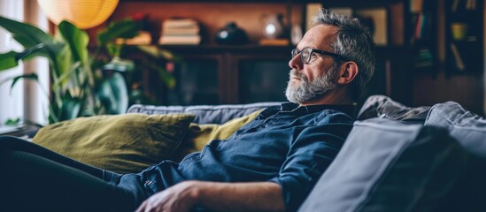 Man in his middle age taking a peaceful break on the couch. - obrazy, fototapety, plakaty