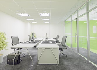 Interior of a modern office with green walls,