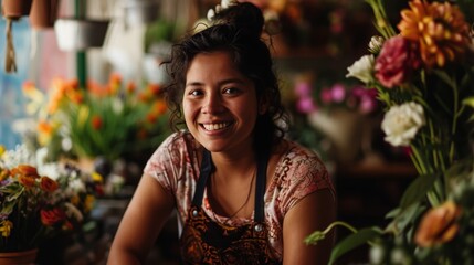 Cheerful Latin American woman in her flower shop. Florist in the flower business. Portrait of a female florist among flowers looking at the camera