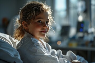 Little girl in hospital pajamas is lying on hospital bed, she is beautiful and smiling, the girl is recovering, medicine and healthcare, children's health