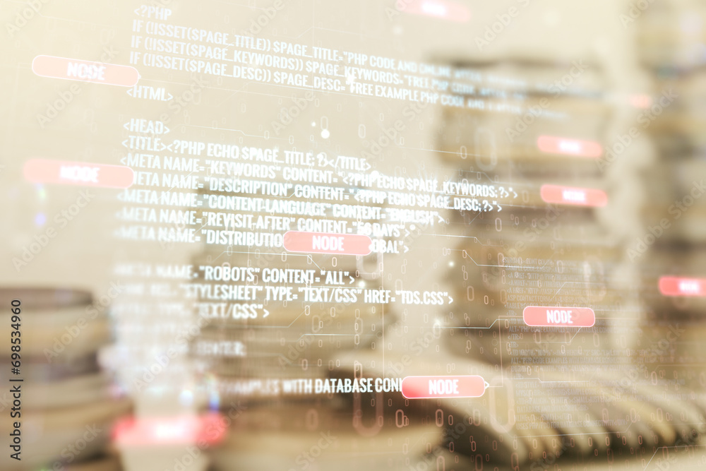 Poster double exposure of abstract programming language interface on growing stacks of coins background, re