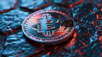 Bitcoin icon creativity concept engraved on metal hexagonal pedestral background. Crypto currency symbol glowing on abstract digital surface