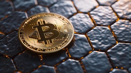 Bitcoin icon creativity concept engraved on metal hexagonal pedestral background. Crypto currency symbol glowing on abstract digital surface