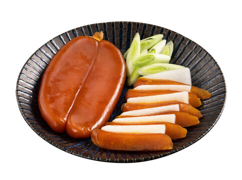 Delicious fresh mullet roe isolated on white background for Chinese lunar new year.