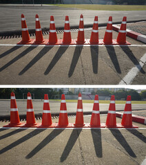 Road traffic cone, white-marked parking lot, and road traffic cones use street warning signs....