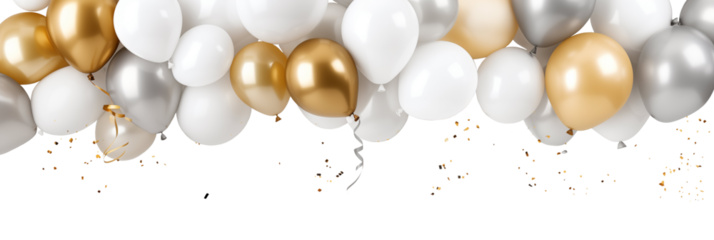 Silver white and gold balloons isolated on white banner